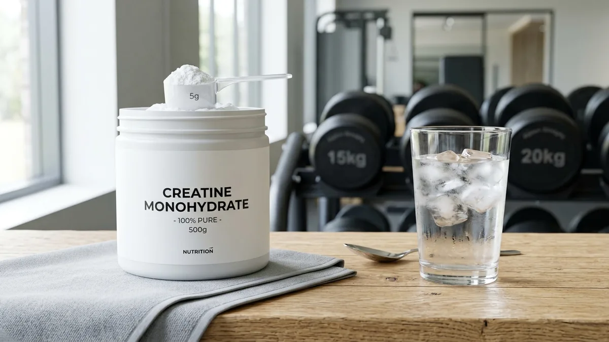 Creatine monohydrate supplement tub with measuring scoop and a glass of water on a fitness table