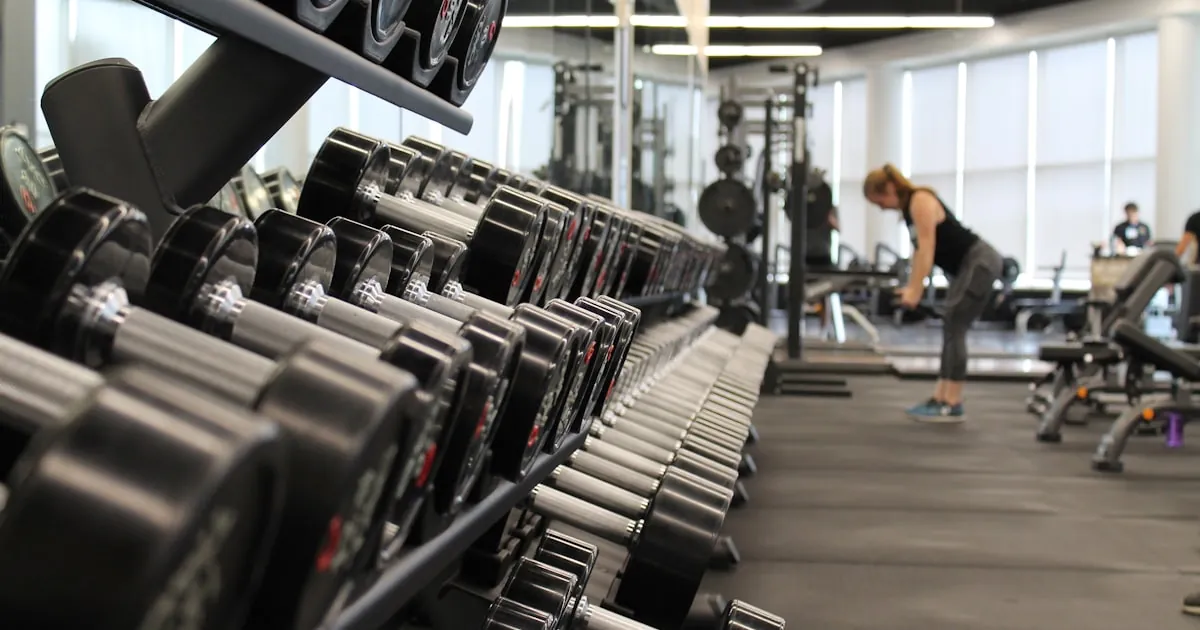 Olympic barbell with iron weight plates set up for hypertrophy strength training