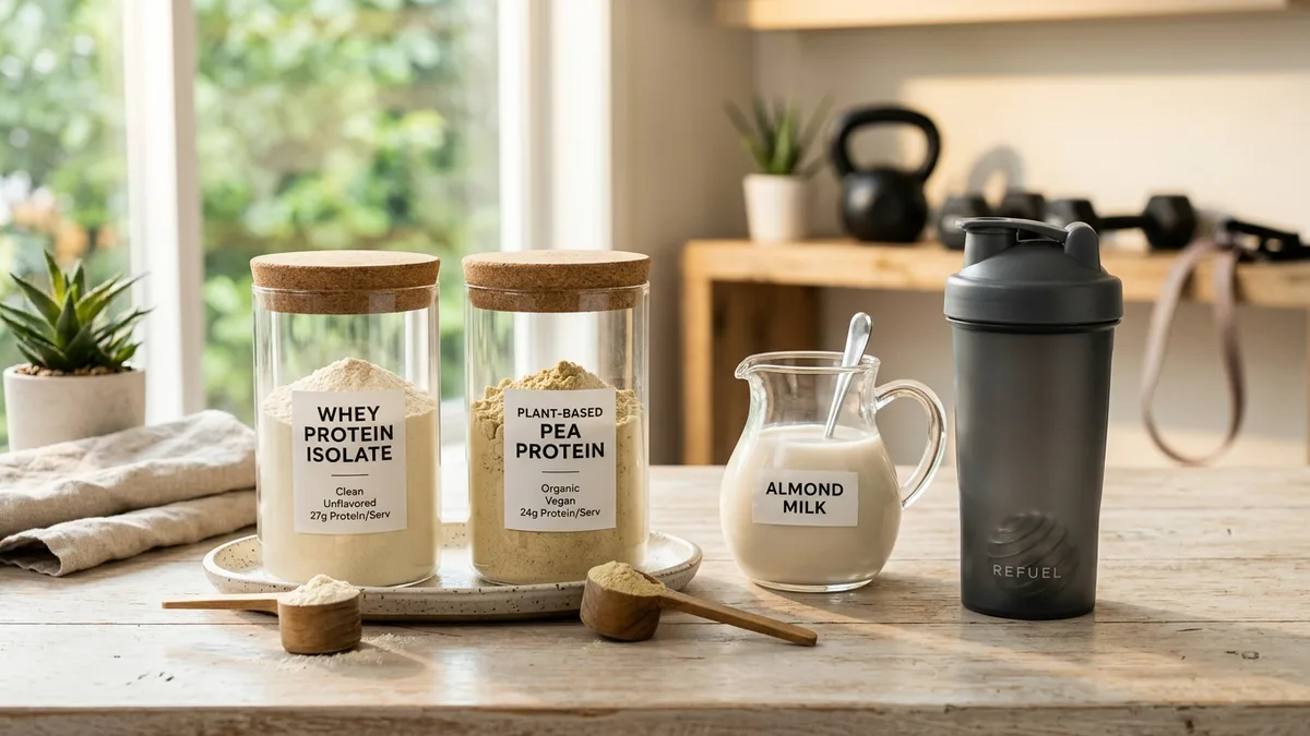 Glass jars of whey isolate and plant pea protein powder with measuring scoops and a shaker bottle